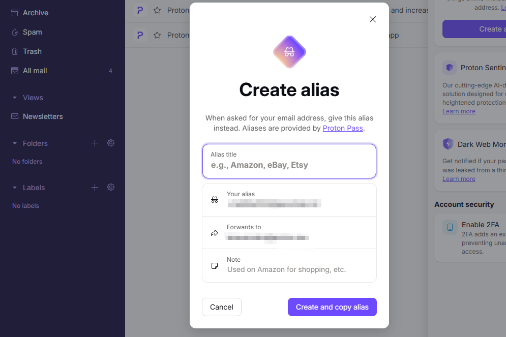 Creating an email alias is one part of Proton Mail's security features (Ian Evenden/The Independent)