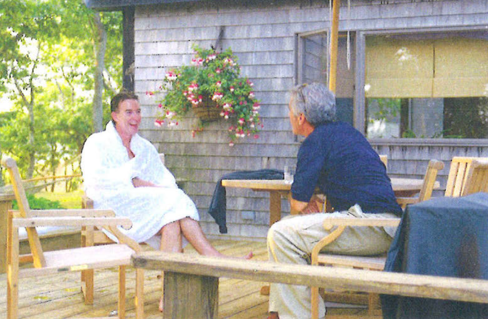 Peter Mandelson (left) speaks with Jeffrey Epstein. Mandelson appears to have called Epstein as his 'best pal' in a birthday note (House Oversight Committee)