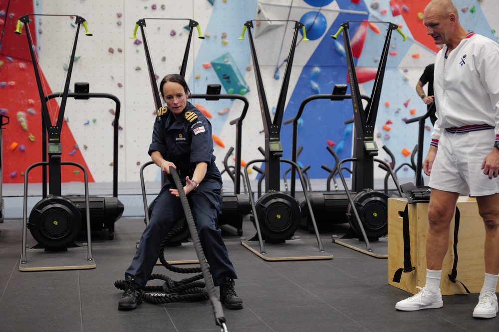 Commander Serena Brotherton completes the rope pull during the Royal Navy's new PES test (Nigel Huxtable / Royal Navy)