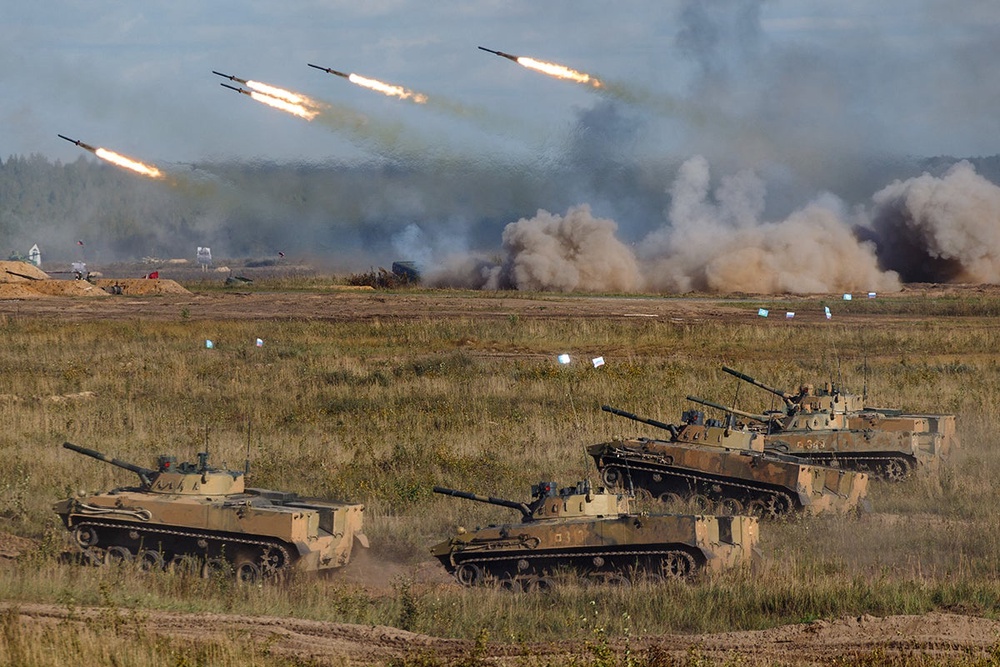 File: ‘Zapad-2021’ joint military drills of the armed forces of the Russian Federation and the Republic of Belarus at the Mulino army base in the Nizhny Novgorod region in 2021 (Russian Defence Ministry/AFP via)