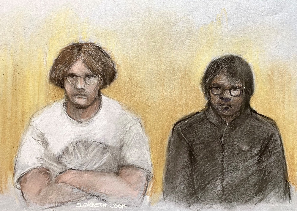 Court artist drawing by ELizabeth Cook of Owen Flowers (left) and Thalha Jubair appearing at Westminster Magistrates' Court, London (PA)