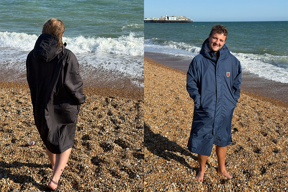 My partner and I put the changing robes through their paces on our local beach (Lucy Smith/The Independent)
