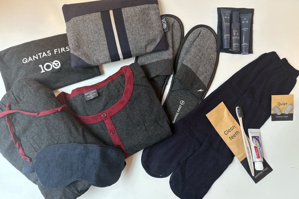 Qantas amenities include lightweight unisex pyjamas (Amelia Neath)