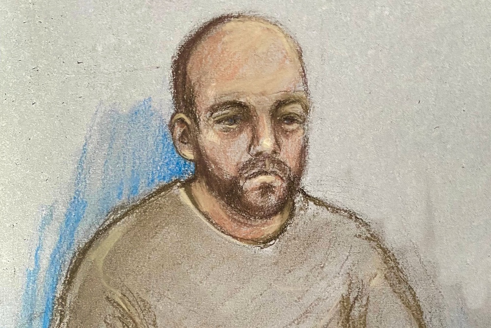 Court artist drawing of Samuel Dodsworth appearing at Leeds Crown Court via video link from HMP Wakefield, charged with murdering disgraced rock star Ian Watkins (Elizabeth Cook/PA Wire)