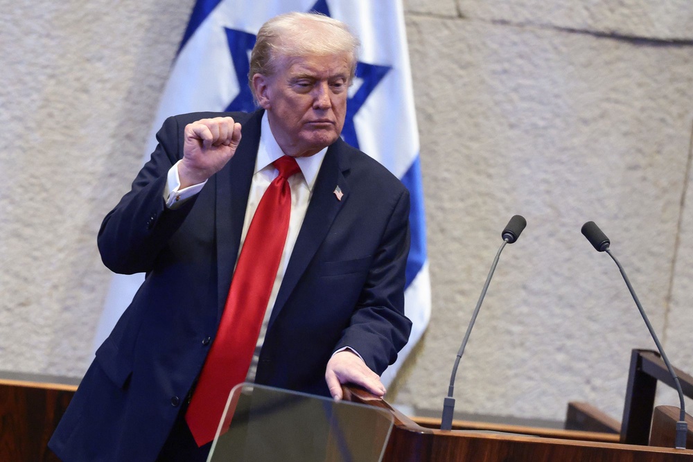President Donald Trump bragged about his crowd sizes in New York and bashed Chicago over crime statistics while returning from his Middle East victory lap following the historic Israel-Hamas peace deal that he helped broker (Evelyn Hockstein - Pool/Getty Images)
