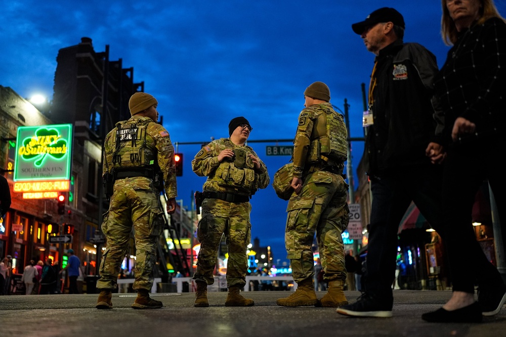 Members of the National Guard stand watch at the intersection of B.B. King Blvd. and Beale Street, Friday, Oct. 24, 2025, in Memphis (Copyright 2025 The Associated Press. All rights reserved)
