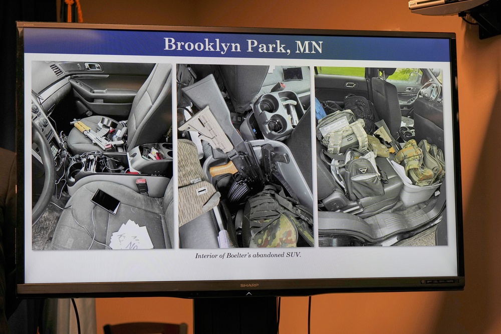 Evidence photos showing the interior of Vance Boelter's vehicle are presented during a news conference at the United States Courthouse in Minneapolis (AP)