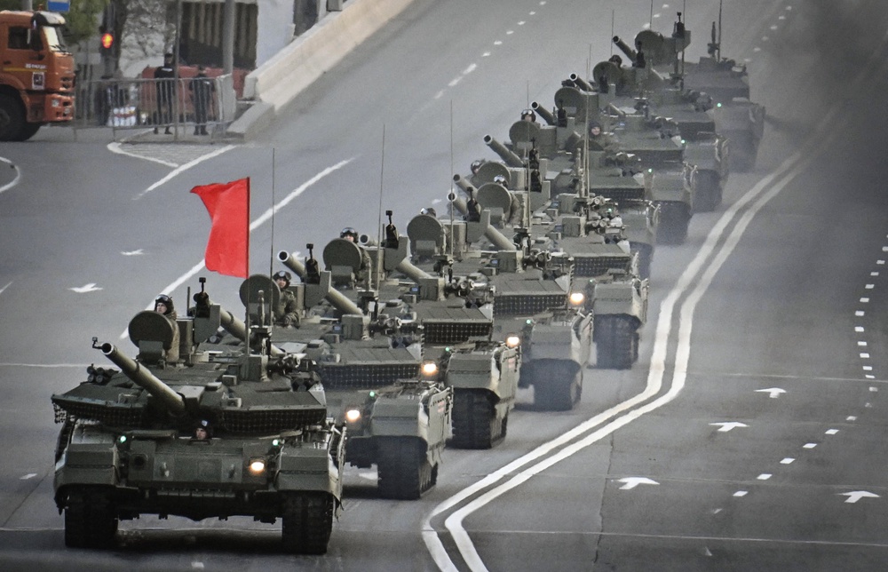 Russian T-90M tanks drive through central Moscow during a rehearsal for the Victory Day parade in 2025. (AFP/Getty)