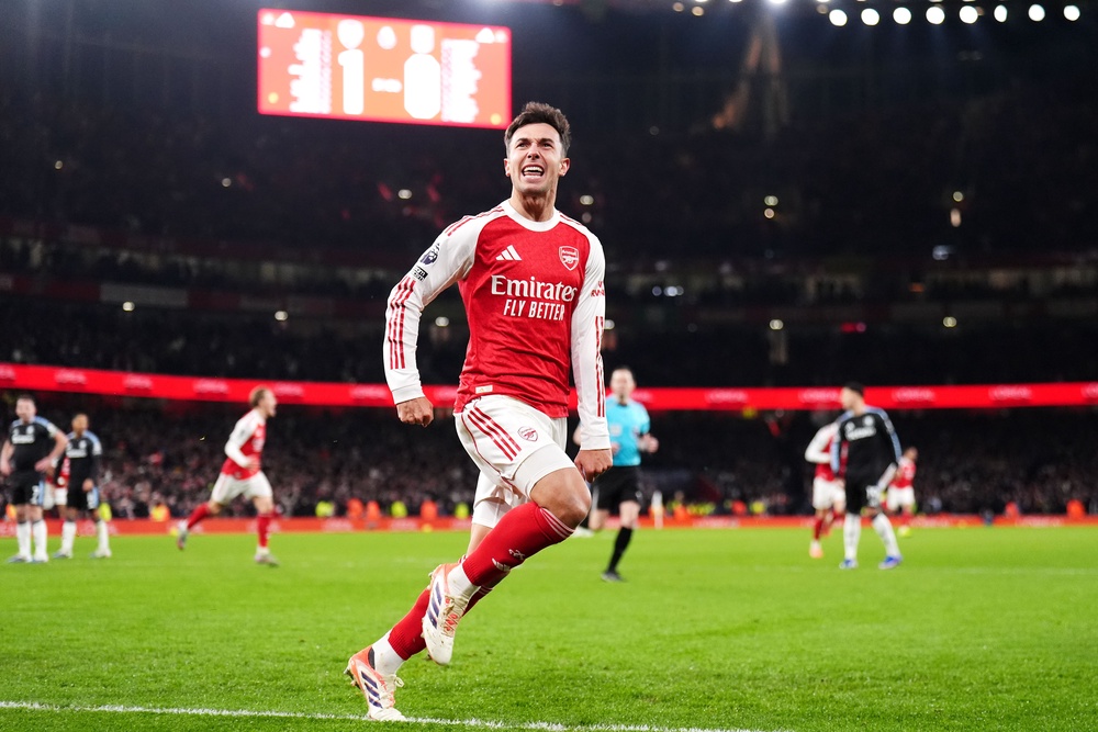 Arsenal’s Martin Zubimendi celebrates scoring the second goal against Aston Villa (PA Wire)