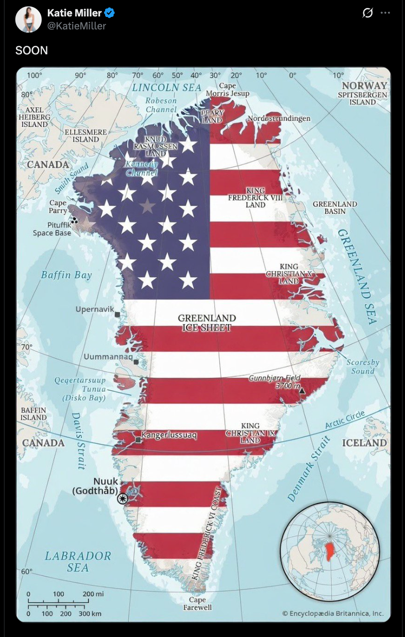 Katie Miller reportedly sparked serious concerns from foreign allies over Trump’s desire to take over Greenland with her X post (X/@KatieMiller)