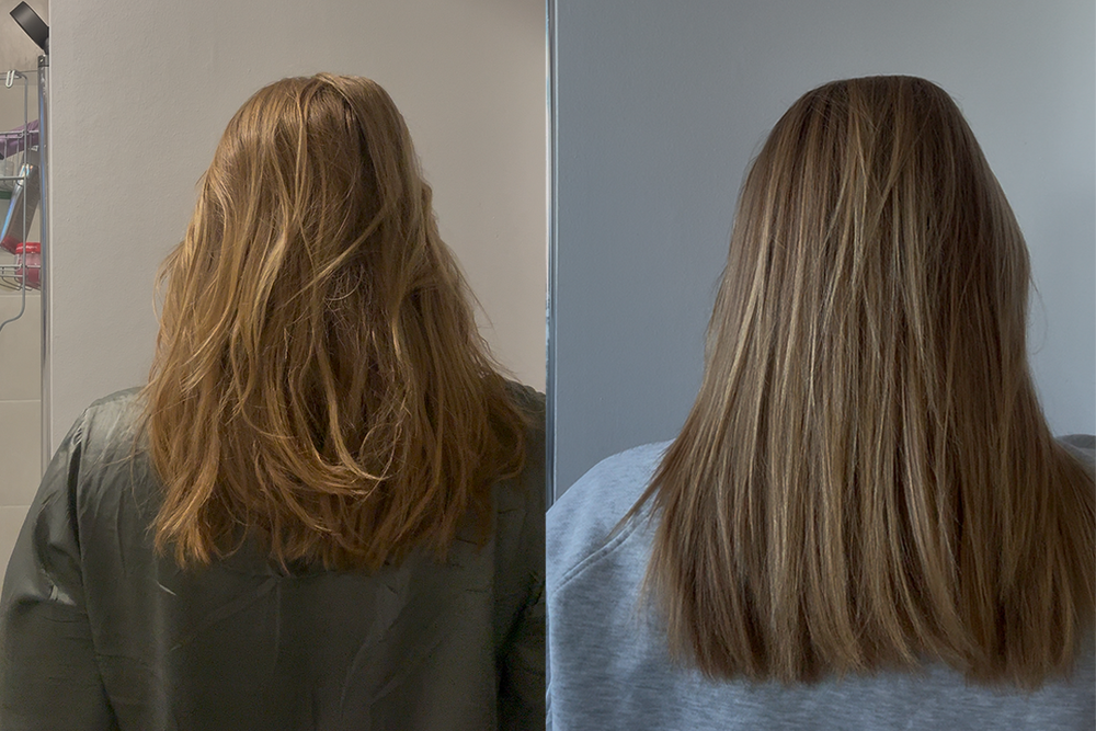 My hair looked more voluminous after use (right) (Lucy Smith/The Independent)