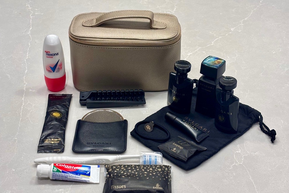 Emirates amenity kits feature frequently forgotten hair ties (Natalie Wilson)