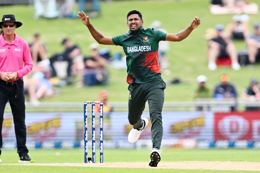 Mustafizur Rahman of Bangladesh reacts during a match against New Zealand in 2023 (Getty)