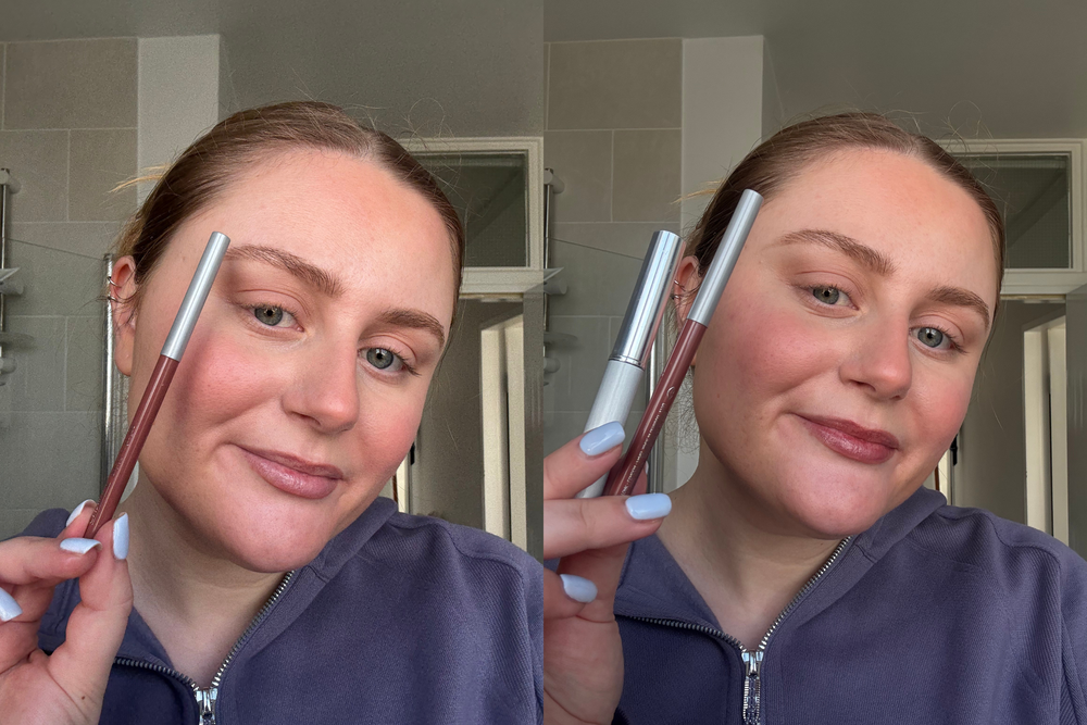 (Left) wearing the nude honey quickliner alone and (right) together with the almost lipstick (Lucy Smith/The Independent)