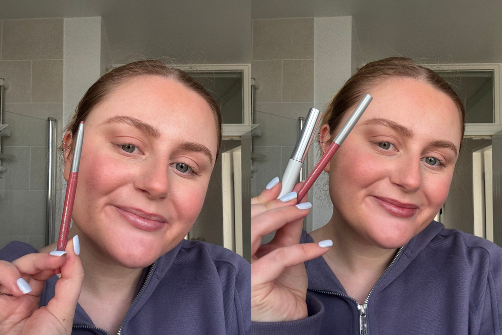 (Left) Wearing just the pink honey quickliner and (right) paired with the almost lipstick (Lucy Smith/The Independent)