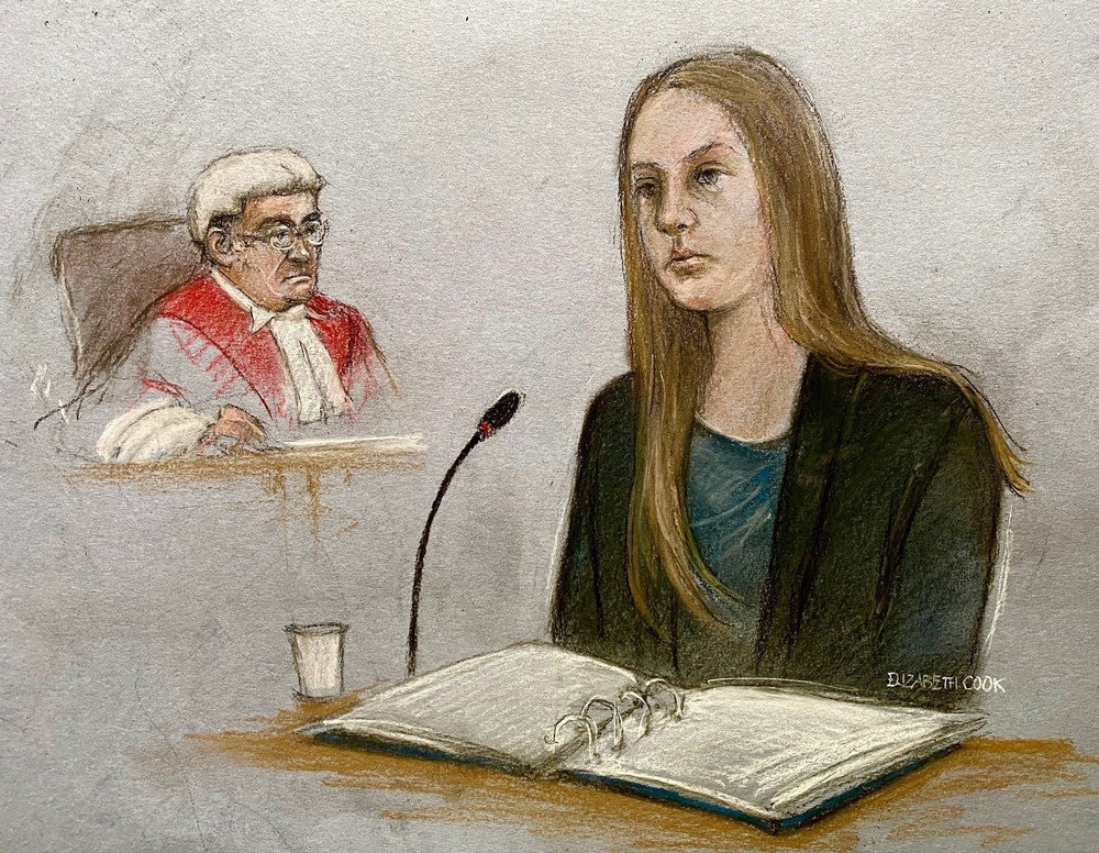 Court artist drawing of Lucy Letby giving evidence during her trial at Manchester Crown Court (Elizabeth Cook/PA) (PA)