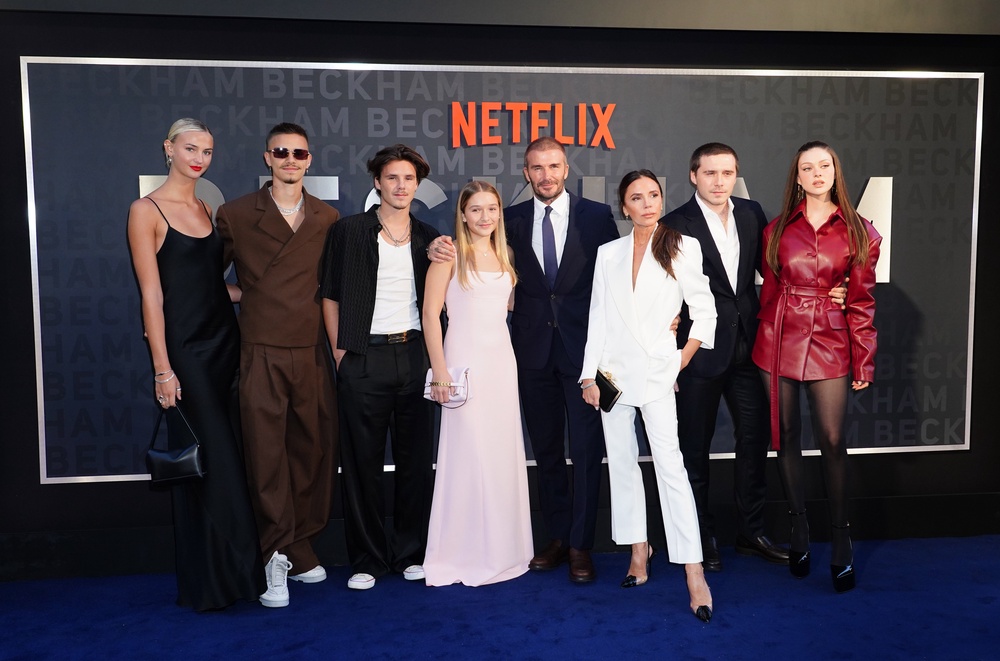 (left to right) Mia Regan, Romeo Beckham, Cruz Beckham, Harper Beckham, David Beckham, Victoria Beckham, Brooklyn Beckham and Nicola Peltz arrive for the premiere of Netflix’s documentary series Beckham at the Curzon Mayfair in London (Ian West/PA) (PA Wire)