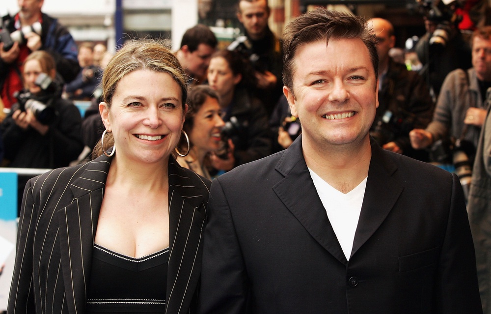 Ricky Gervais and his partner Jane Fallon arrive at the UK Premiere of animated film ‘Valiant’ at the Odeon West End on March 20, 2005 in London (Getty)