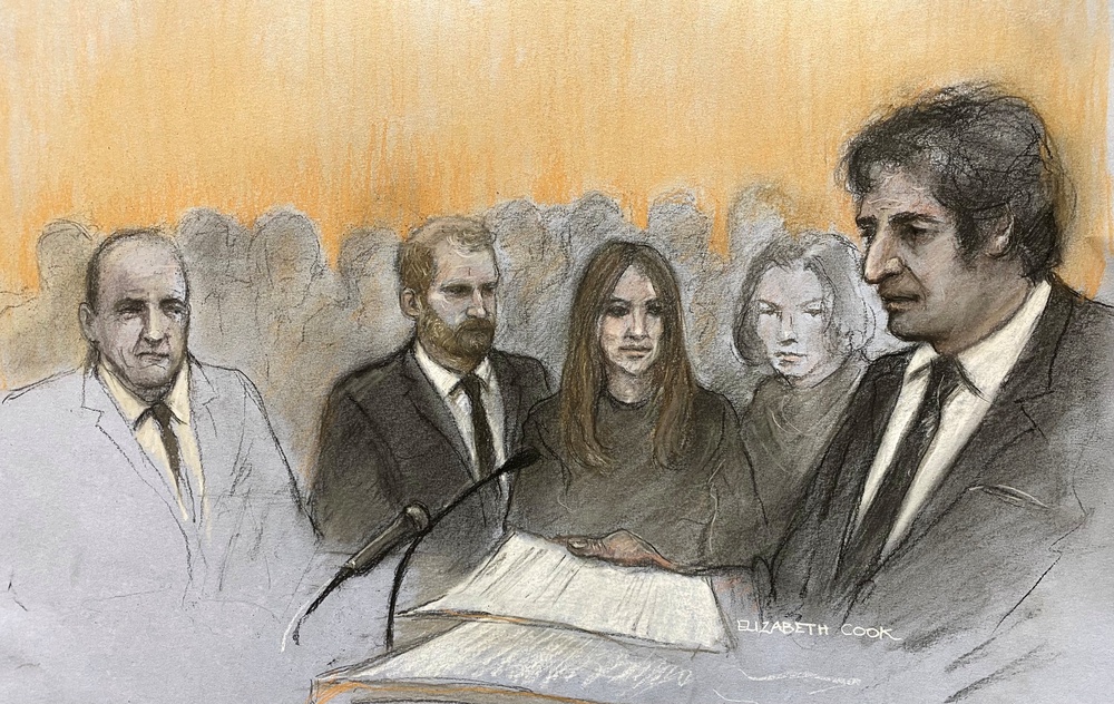 Sir Simon Hughes, the Duke of Sussex, Elizabeth Hurley, Damian Hurley and barrister David Sherborne at the Royal Courts of Justice (PA Wire)