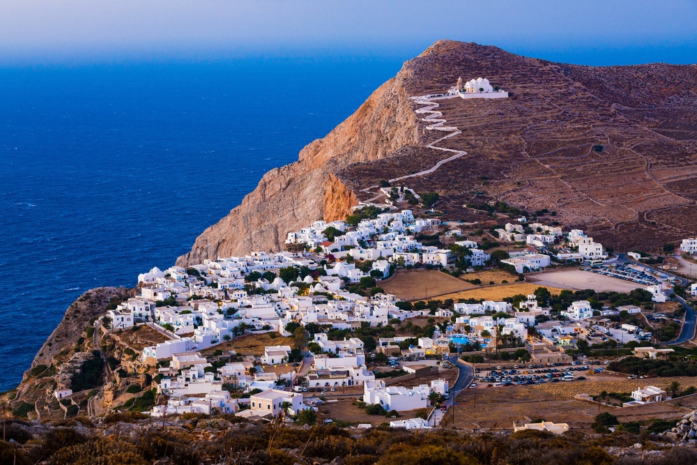 The photogenic main village of Chora on the island of Folegandros, with the Church of Panagia above (Getty/iStock)