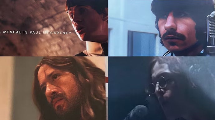Paul Mescal, Barry Keoghan, Harris Dickinson and Joseph Quinn (clockwise from top left) in promotional images for the upcoming Beatles films (Instagram/@lipaliverpool)