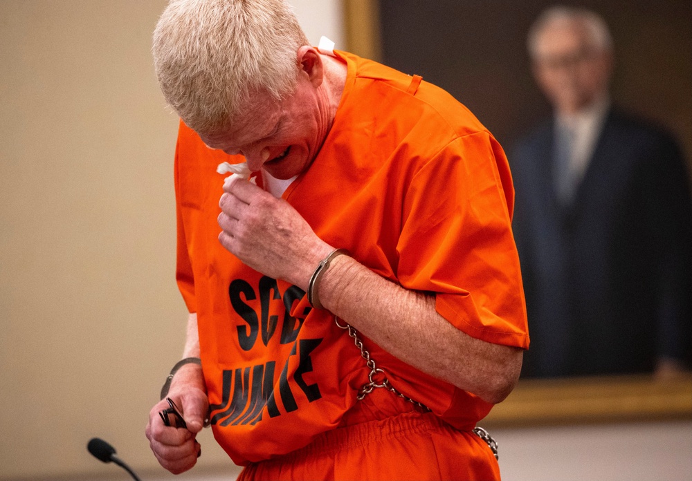 Murdaugh cries as he addresses the court during his sentencing for stealing from 18 clients, Tuesday, Nov. 28, 2023, at the Beaufort County Courthouse in Beaufort