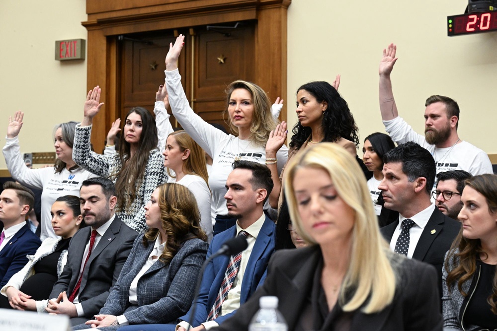 During a contentious February congressional hearing, Bondi refused to turn around and acknowledge survivors of Epstein’s abuse (AFP/Getty)