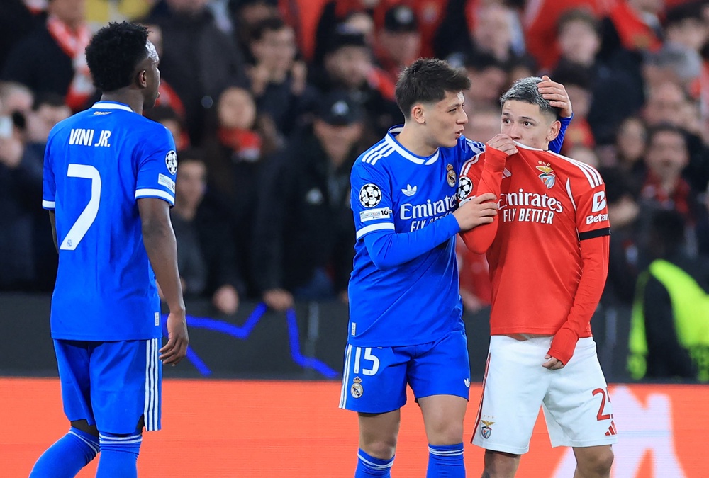 Benfica's Gianluca Prestianni covered his mouth when speaking to Vinicius Jr earlier this season, sparking controversy (AFP/Getty)