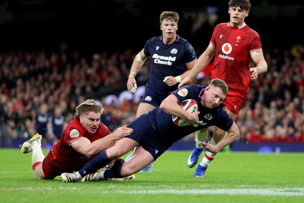Scotland’s Finn Russell scores a try in their Six Nations victory over Wales (PA Wire)