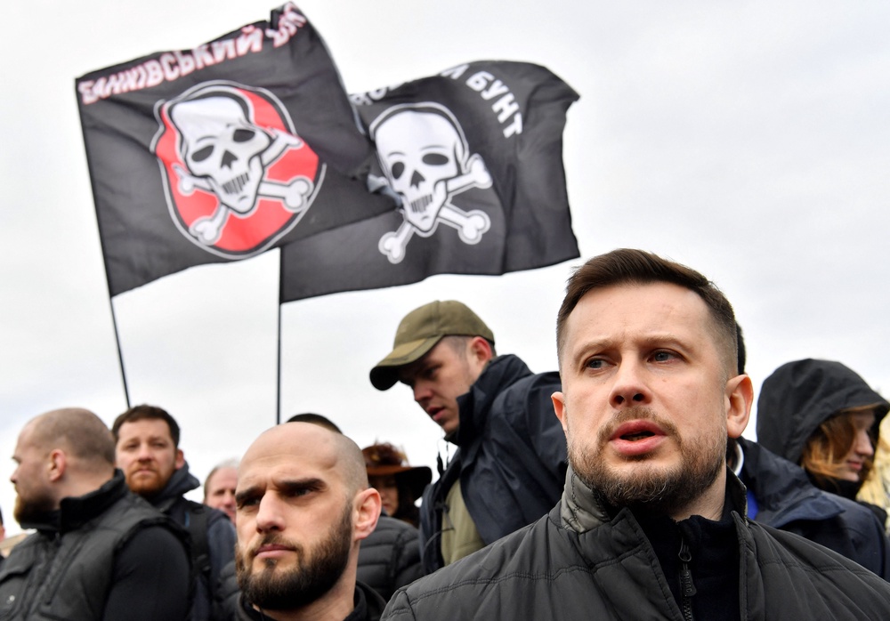 Biletskyi takes part in a National Corps rally on Independence Square in Kyiv in 2019 (AFP/Getty)