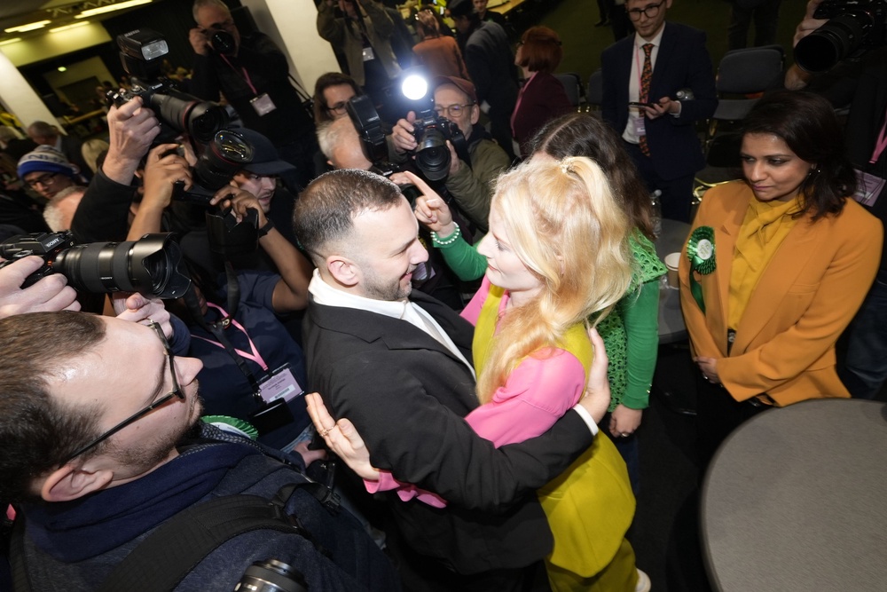 Green Party’s Hannah Spencer celebrates winning the Gorton and Denton by-election with leader Zack Polanski in February (PA Wire)