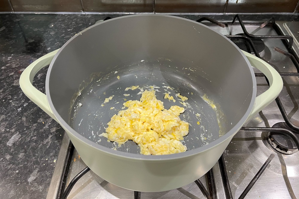 Stick-free scrambled eggs were a walk in the park with this pot (Alice Reynolds/The Independent)