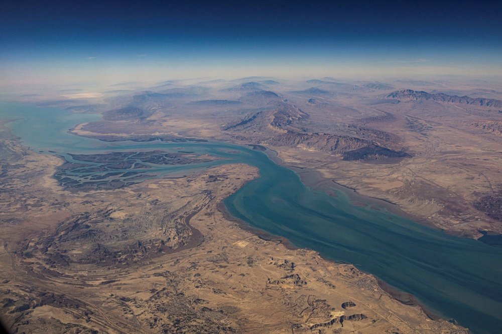 An aerial view of the Iranian shores and the island of Qeshm in the Strait of Hormuz in 2023 (Reuters)