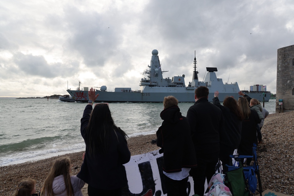 Royal Navy handout photo of HMS Dragon leaving Portsmouth Harbour on its way to the Eastern Mediterranean to bolster British defences in the region (PA Media)