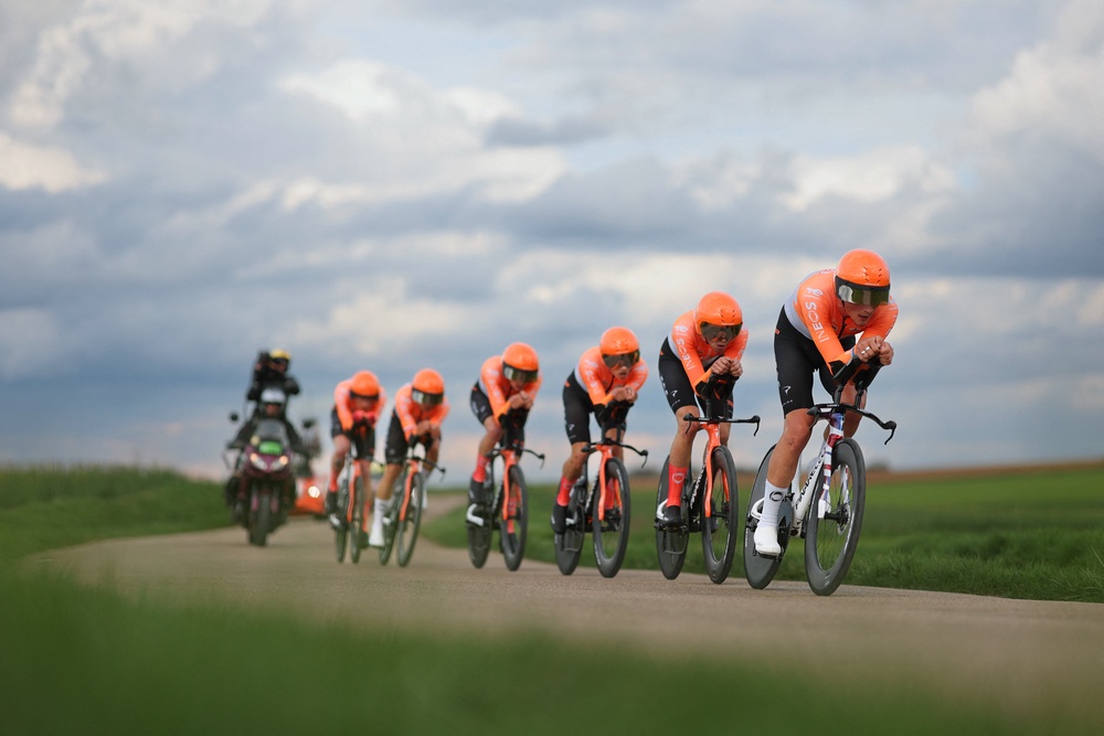 An Ineos squad including Oscar Onley and Kevin Vauquelin won the team time trial at Paris-Nice (AFP/Getty)