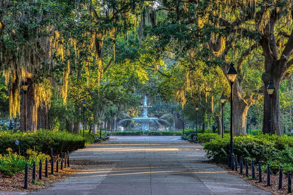 Savannah  features 22 park-like squares, a grid plan that dates back to 1733. Pictured is the fountain at Forsyth Park (Getty Images/iStockphoto)