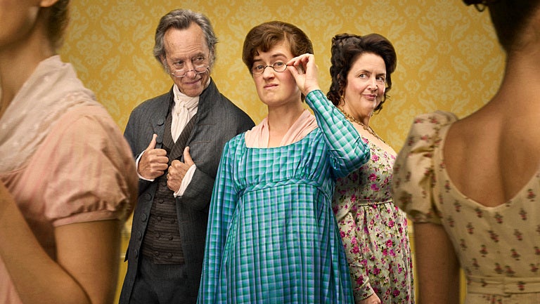 Mr Bennet (Richard E Grant), Mary Bennet (Ella Bruccoleri) and Mrs Bennet (Ruth Jones) star in 'The Other Bennet Sister' (BBC/Bad Wolf)