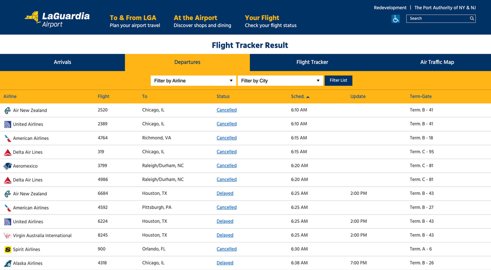 Mass flight cancellations listed on the LaGuardia Airport website Monday March 23, 2026 after the airport was closed following a fatal collision between a passenger plane and a fire truck (LaGuardia Airport)