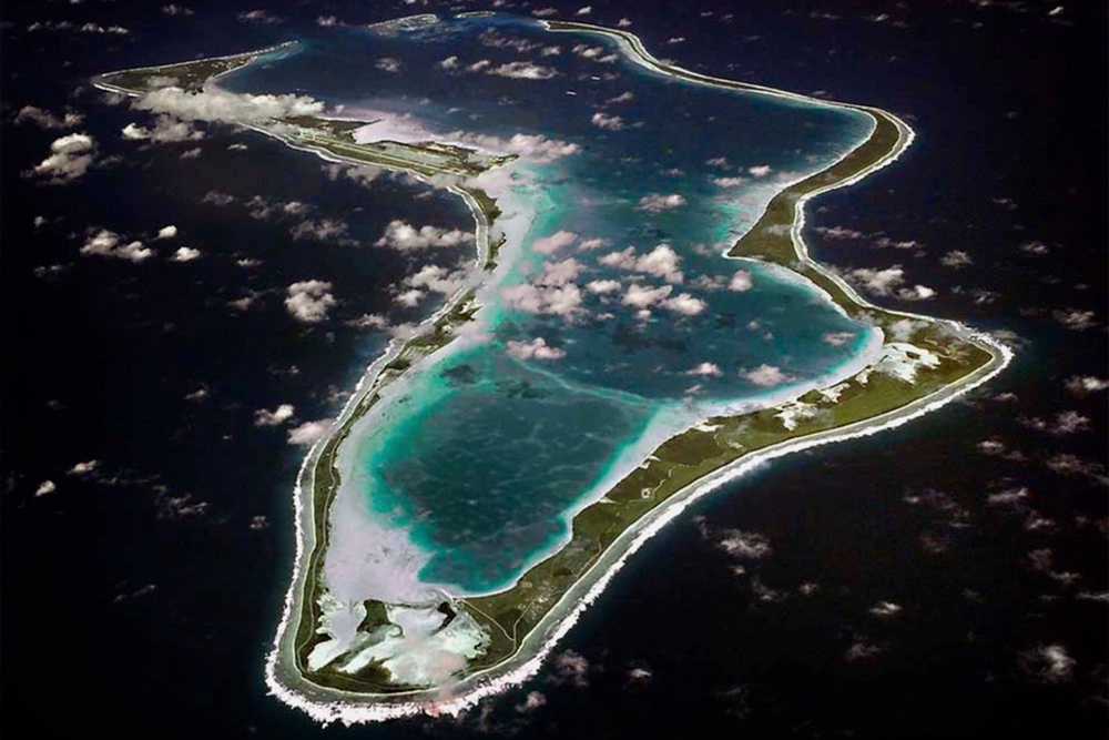 An aerial view of the Chagos Islands, including the Diego Garcia base (U.S. Navy)