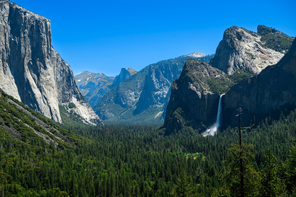 This Yosemite Valley image was taken from Tunnel View, with El Capitan on the left, Half Dome in the distance (center) and Bridalveil Fall on the right (Getty Images)