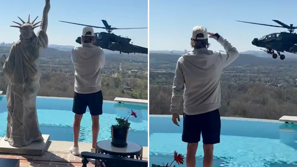Kid Rock salutes a military helicopter (Kid Rock)
