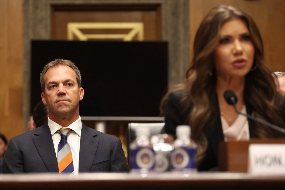Bryon Noem (L), husband of US Secretary of Homeland Security Kristi Noem (R), listens  as Secretary Noem testifies before the Senate Committee on Homeland Security and Governmental Affairs to examine the President's proposed budget request for fiscal year 2026 for the Department of Homeland Security (AFP/Getty)