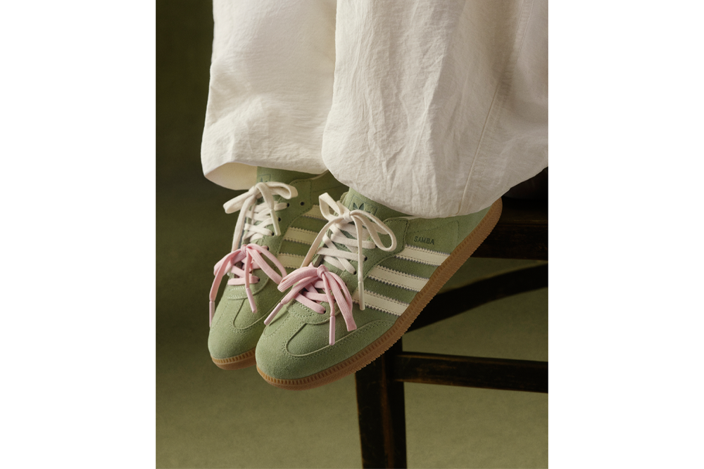 The sambas are designed with a sage green matcha palette (Adidas)