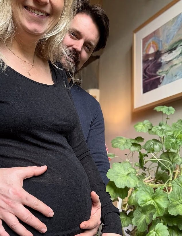 Sienna Miller's sister Savannah revealed on Instagram in March that she is pregnant with her first child with new husband, James Whewell, aged 47 (Savannah Miller/Instagram)