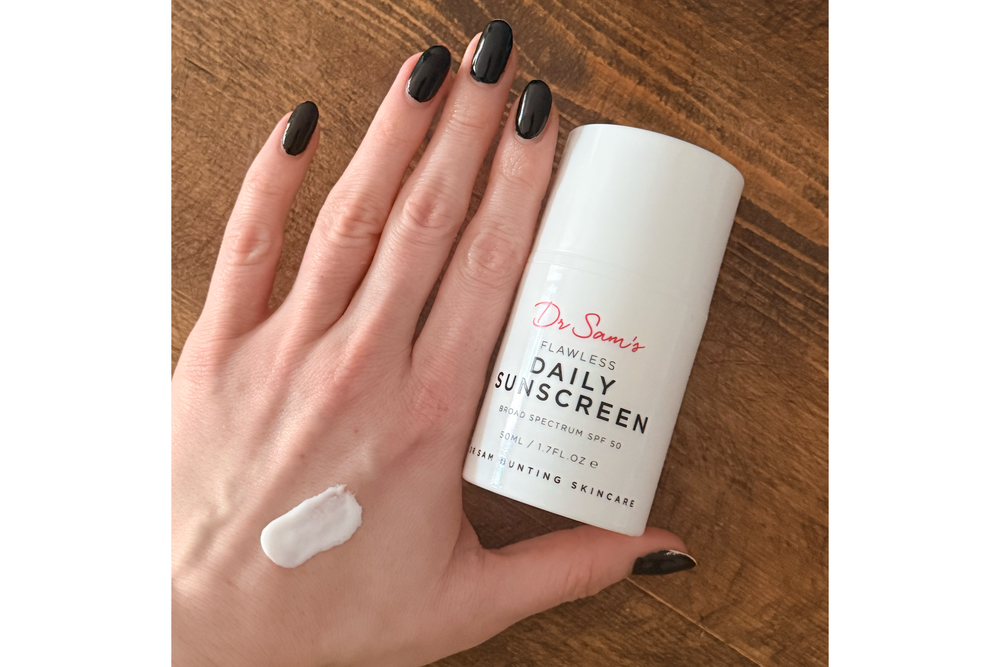 Swatching Dr Sam’s flawless daily sunscreen SPF50 (Louise Whitbread/The Independent)