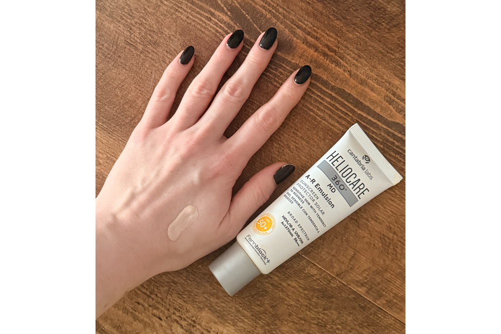 Swatching the Heliocare 360° A-R emulsion SPF50+ (Louise Whitbread/The Independent)