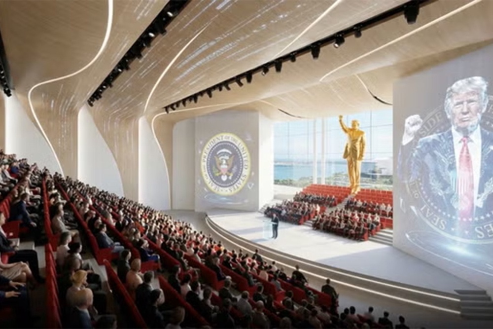 Proposed designs for the Trump Presidential Library, which appears to be a skyscraper hotel in Miami, include a gold statue of the president raising his fist (trumplibrary.org)