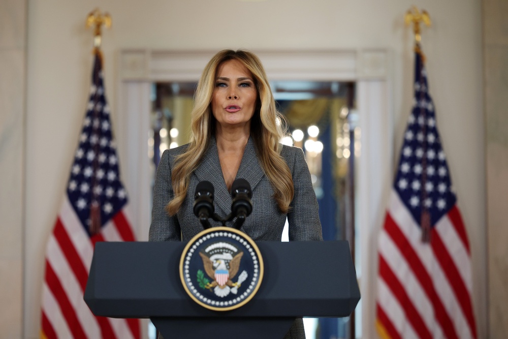 First lady Melania Trump unexpectedly revived the Epstein scandal last week by delivering a surprise press conference denying ‘lies’ linking her to the late pedophile financier (Getty)