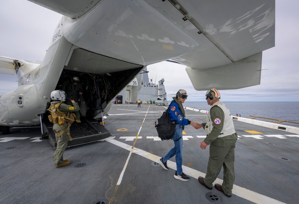 Nasa Administrator Jared Isaacman arrives aboard the USS John P. Murtha in the Pacific Ocean on 10 April, 2026 (Getty Images)