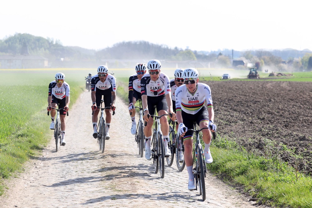 Pogacar and his team inspected the cobblestones on Thursday (AFP via Getty Images)